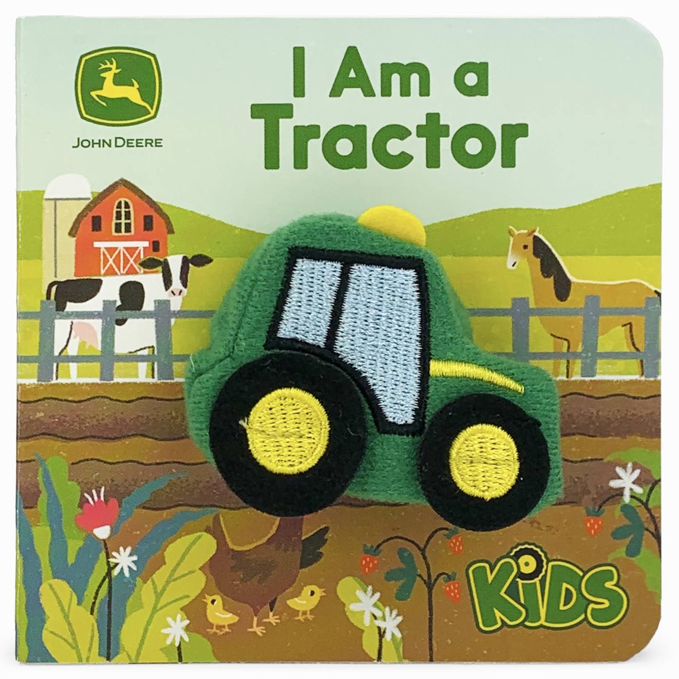 Children’s board book cover featuring a fabric John Deere tractor patch with farm animals in the background