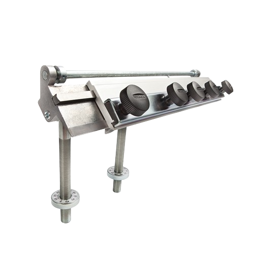 Metal planer and jointer blade jig with adjustable knobs and support legs for precise tool sharpening in home improvement projects