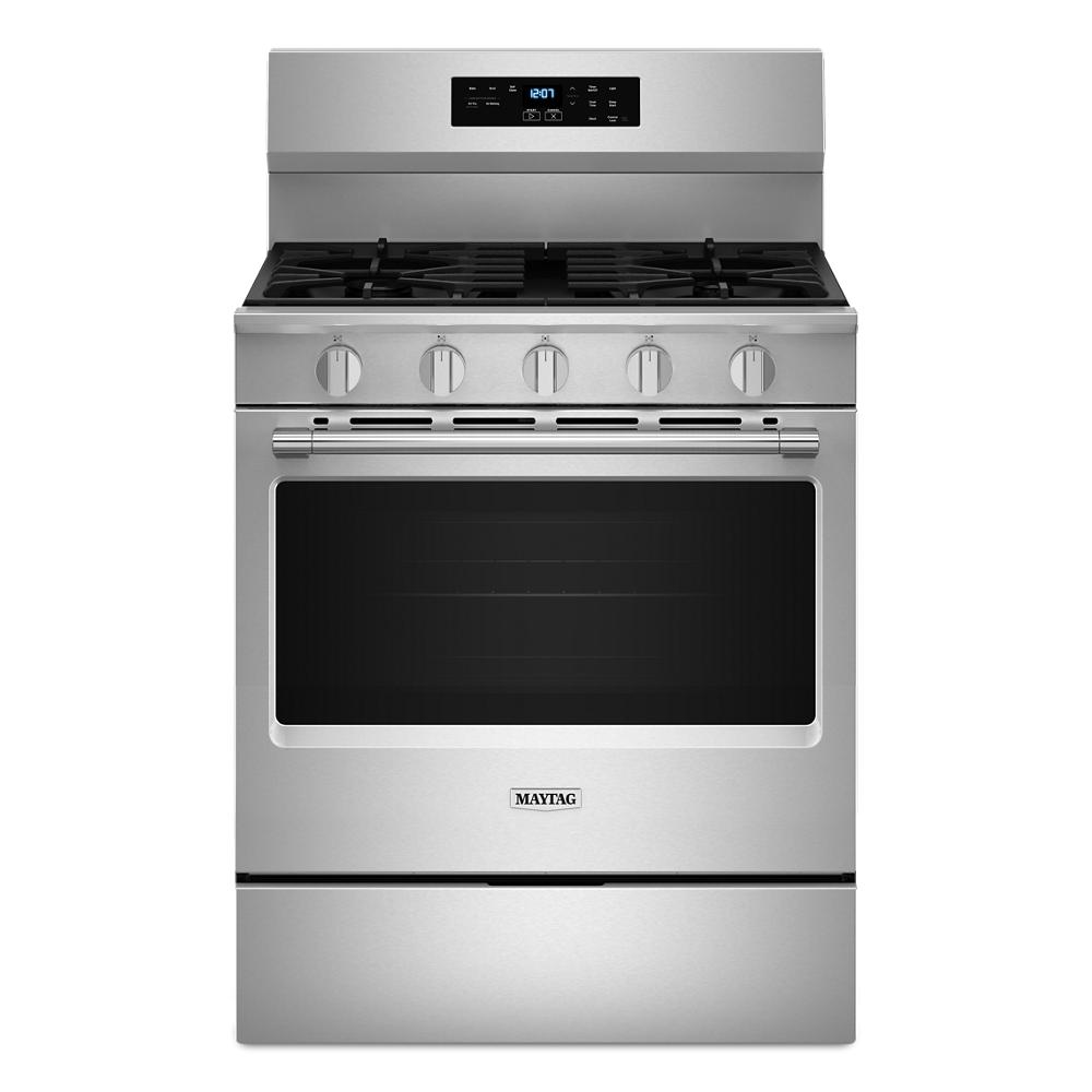 Stainless steel gas range with digital controls and five burners for kitchen and appliance collections under $1000