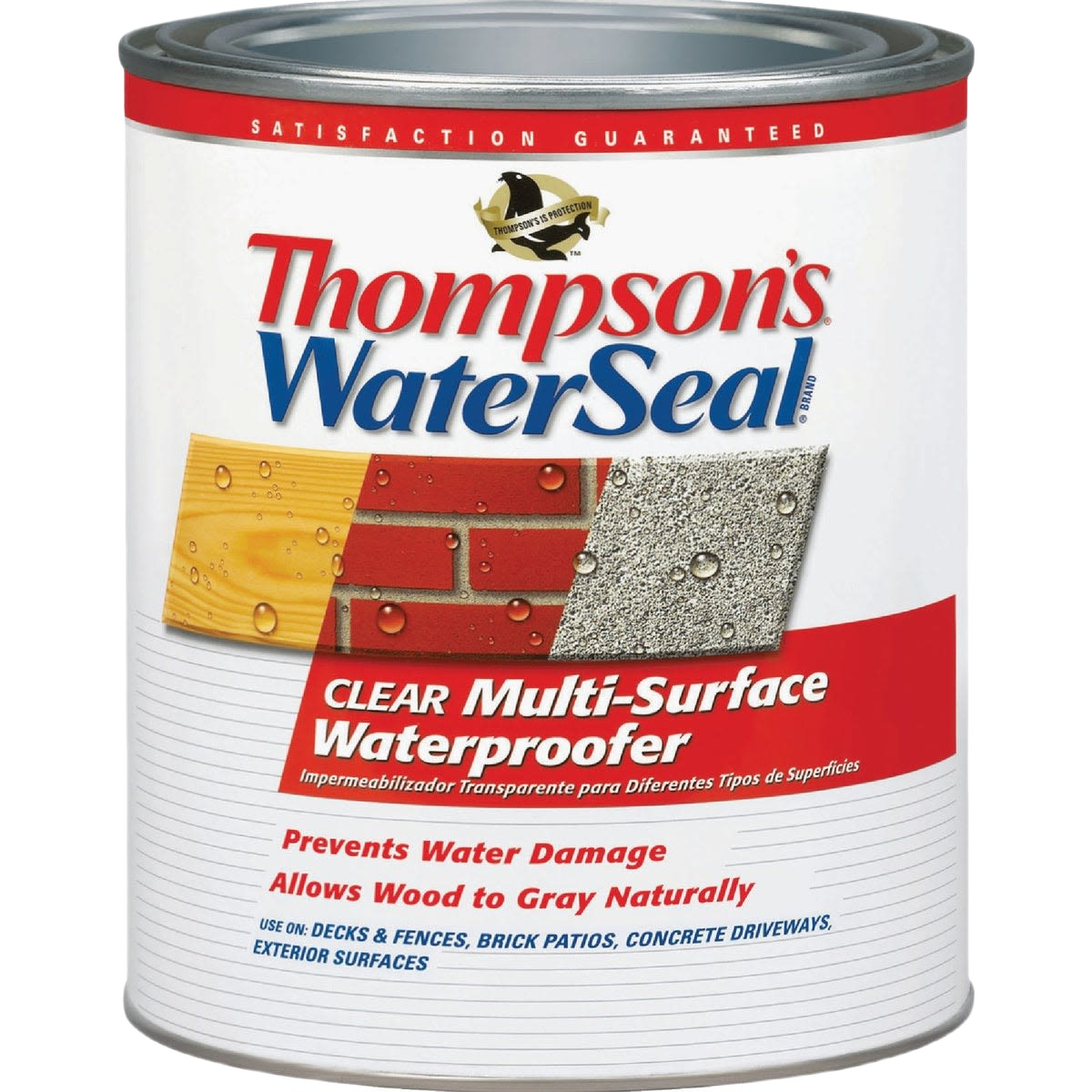 Can of clear multisurface waterproofing sealer for home improvement protecting wood, brick, and concrete surfaces.