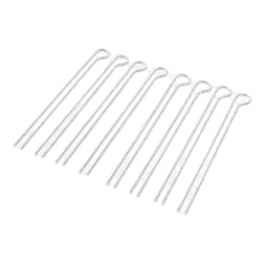 Set of eight stainless steel dual-pronged skewers for secure grilling, ideal for outdoor cooking and grill accessories.