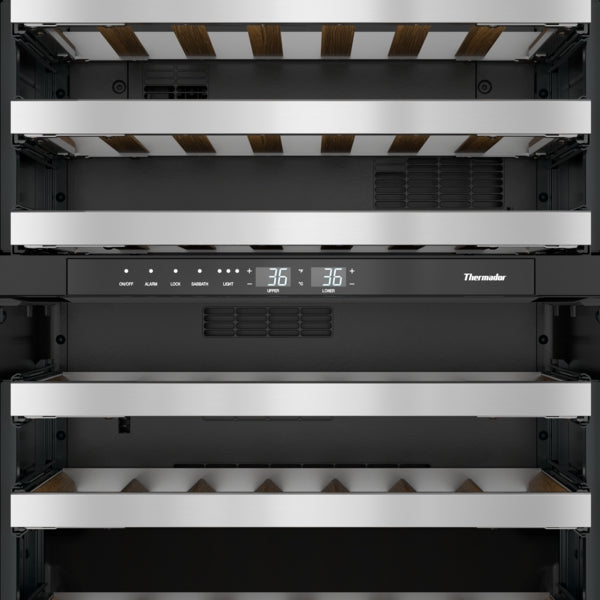 Under-counter wine cooler with stainless steel and wooden shelves, digital temperature controls, and sleek black interior panel