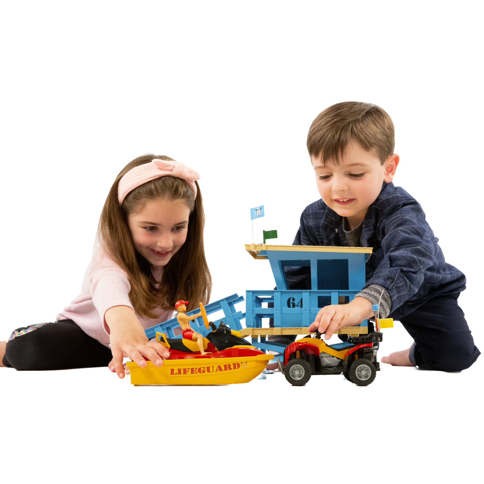 Two children playing with blue lifeguard station toy, yellow watercraft, and red quad from Bruder Toys collection