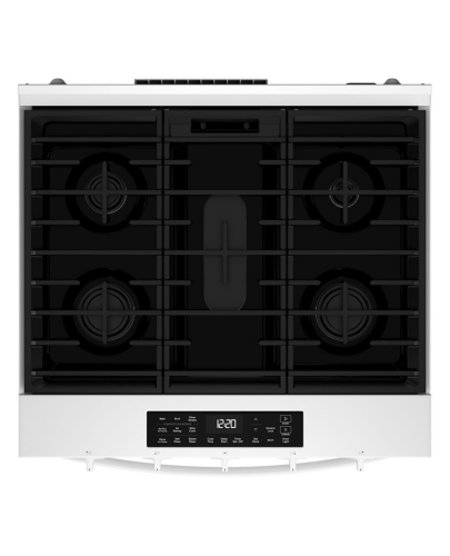 White 30-inch gas smart range cooktop with four burners, central griddle, and digital control panel from kitchen appliances collection