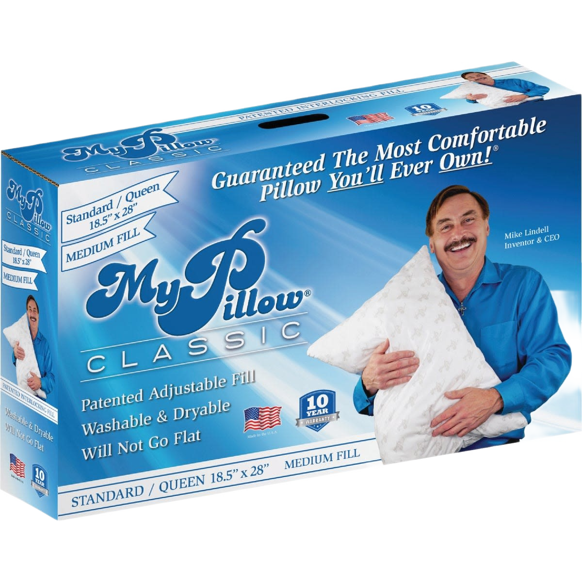 Man smiling and holding a medium fill pillow next to a blue box with pillow branding and product details