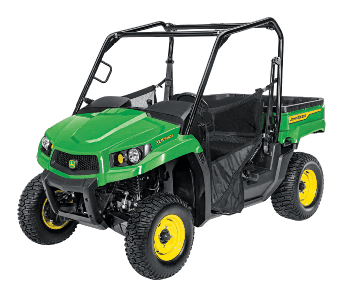 Green off-road utility vehicle with open cabin, rugged tires, and cargo bed designed for tools and home improvement tasks