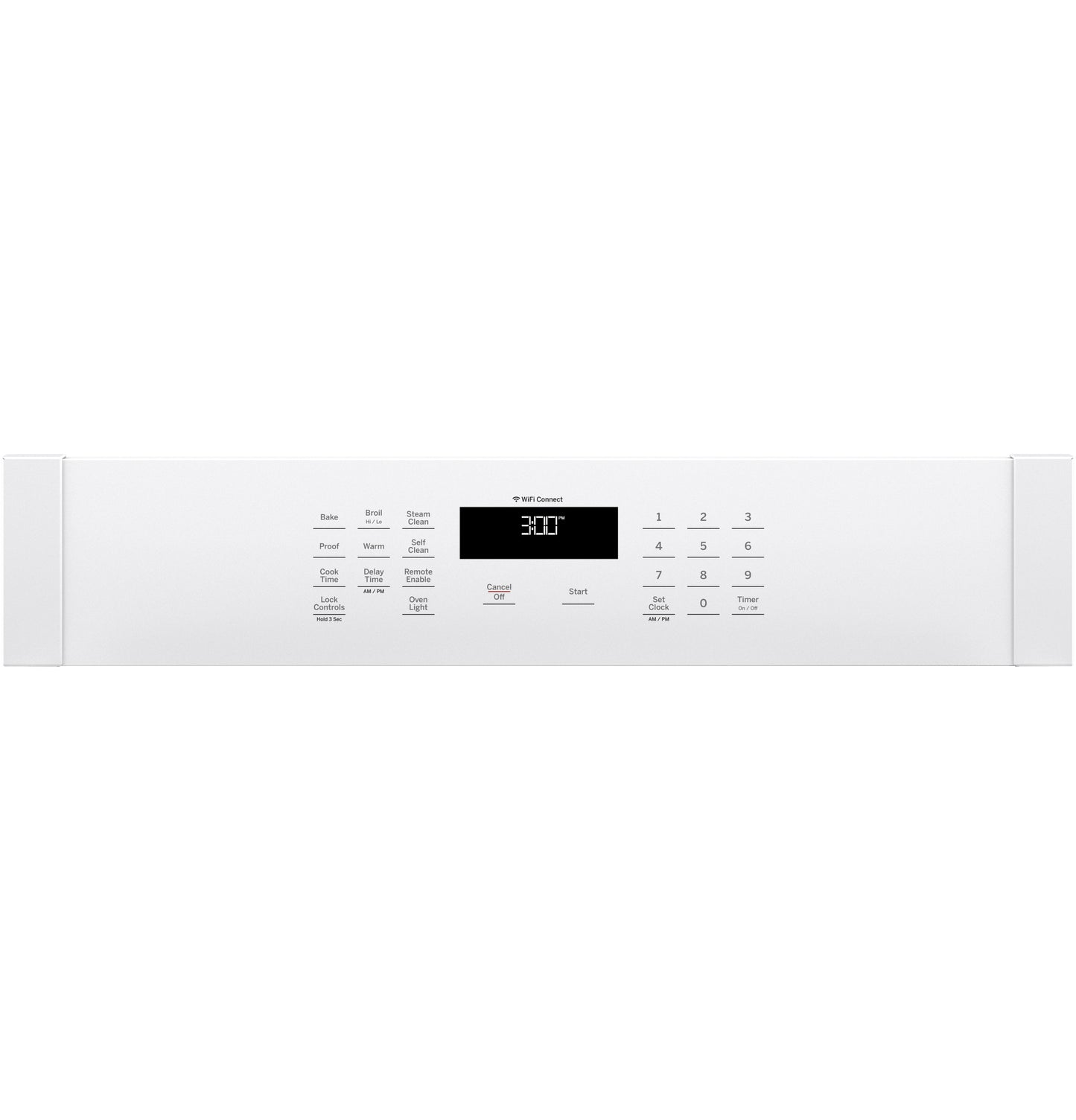 Control panel of a white smart built-in single wall oven with digital display and touch controls from Kitchen & Kitchenware collection