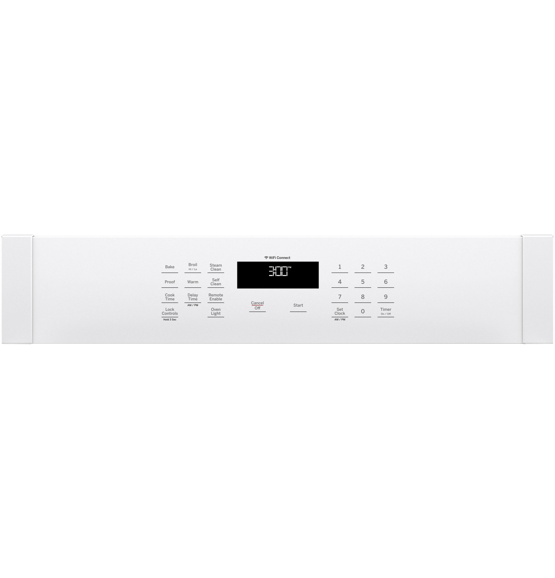Control panel of a white smart built-in single wall oven with digital display and touch controls from Kitchen & Kitchenware collection