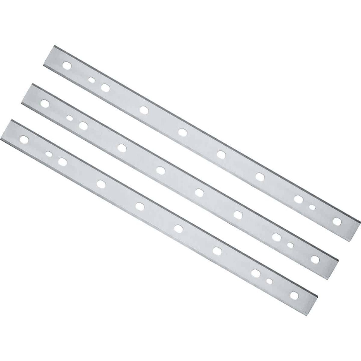 Set of three long, silver planer replacement blades with multiple mounting holes for home improvement tools