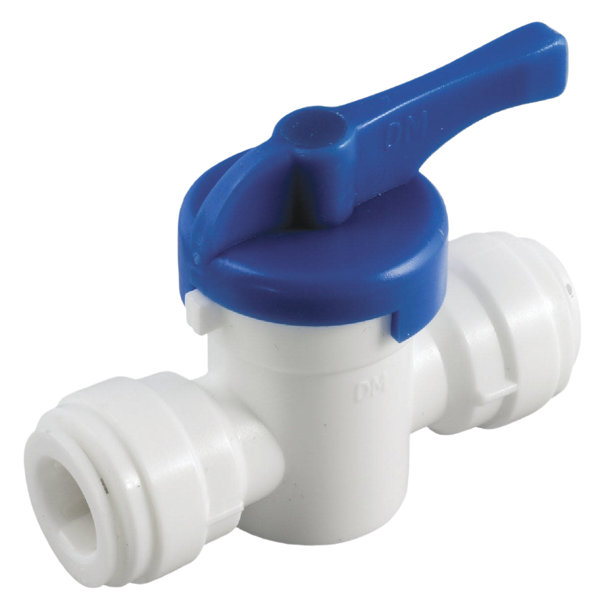 Plastic push-in ball valve with blue lever handle for plumbing and pipe fitting projects under 50 dollars