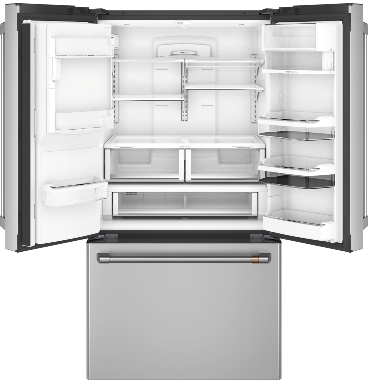 Open stainless steel smart French-door refrigerator with adjustable shelving, spacious interior, and bottom freezer drawer