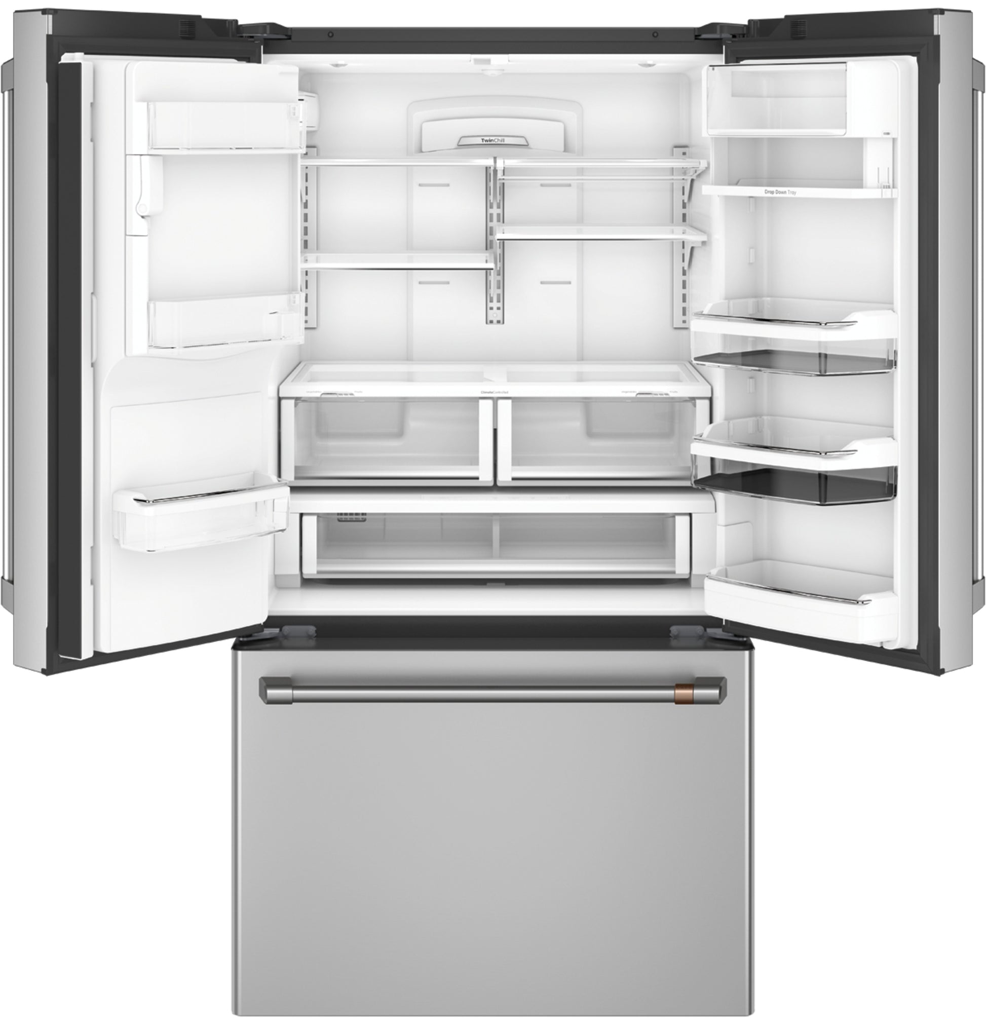 Open stainless steel smart French-door refrigerator with adjustable shelving, spacious interior, and bottom freezer drawer