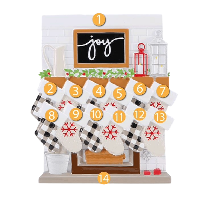 Miniature fireplace mantle ornament with twelve personalized white and plaid Christmas stockings for tree décor under $50