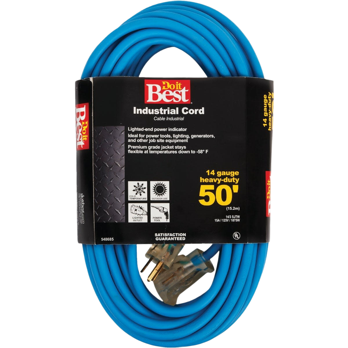 Blue 14-gauge heavy-duty industrial extension cord with power indicator for outdoor and home improvement use