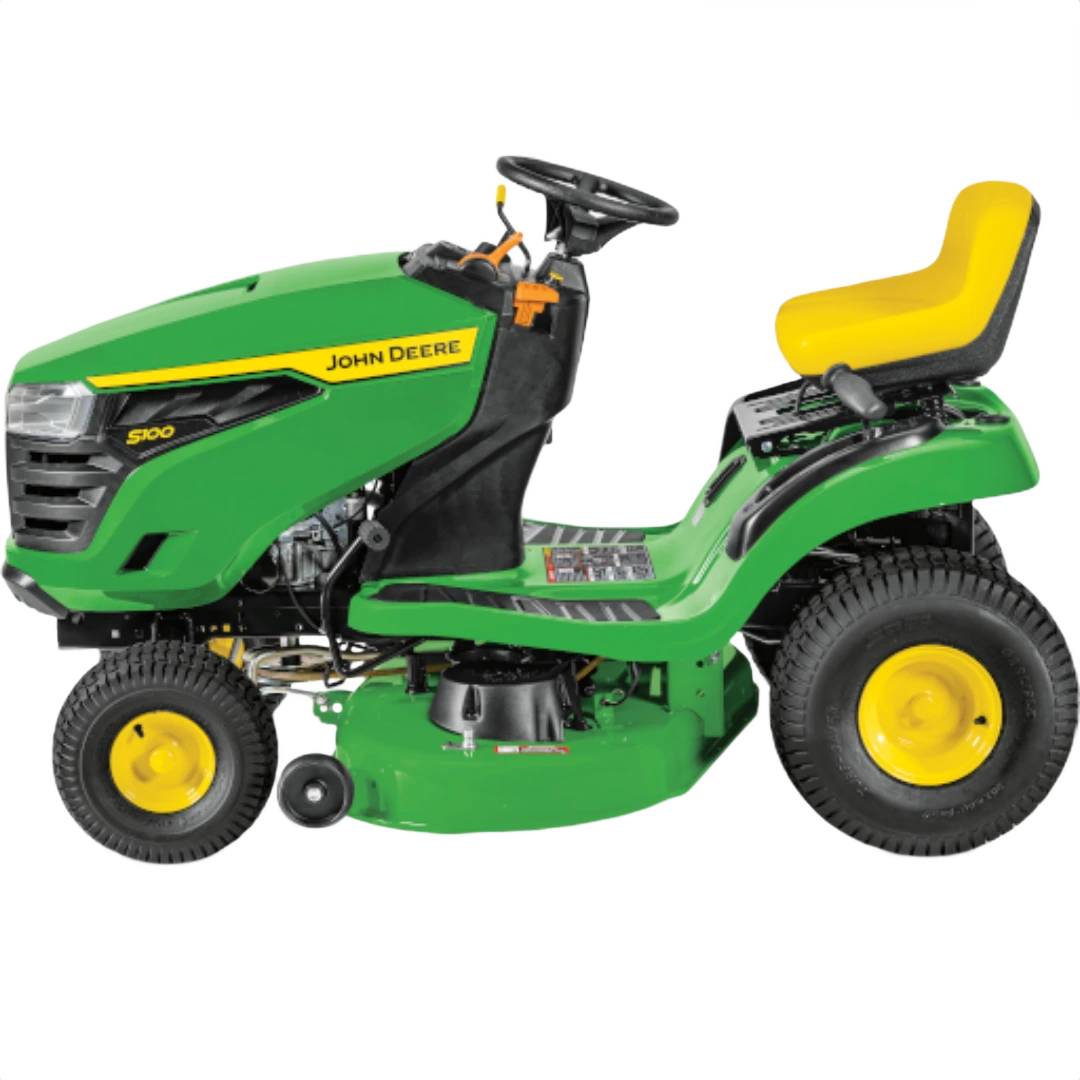 Green and yellow lawn tractor with comfortable yellow seat and durable tires designed for efficient yard maintenance tasks