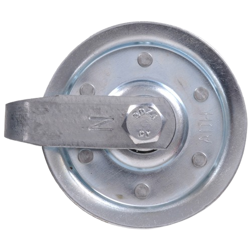 Galvanized steel garage door pulley with fork, bolt, and hexagonal lock nut for home improvement hardware tasks
