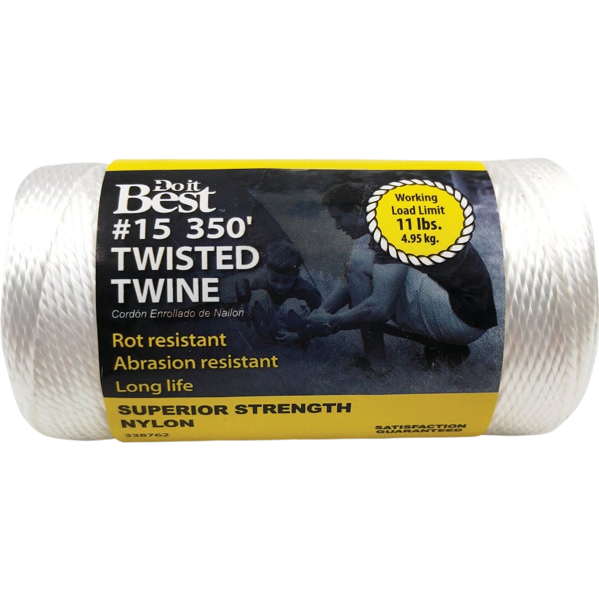 White nylon twisted twine roll with label highlighting strength and resistance for home improvement use
