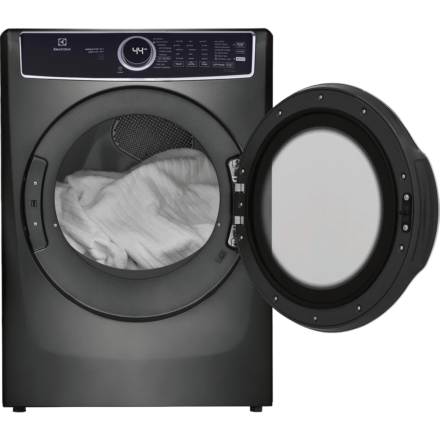 Front load electric dryer in dark gray with open door showing white laundry inside from Dryers collection