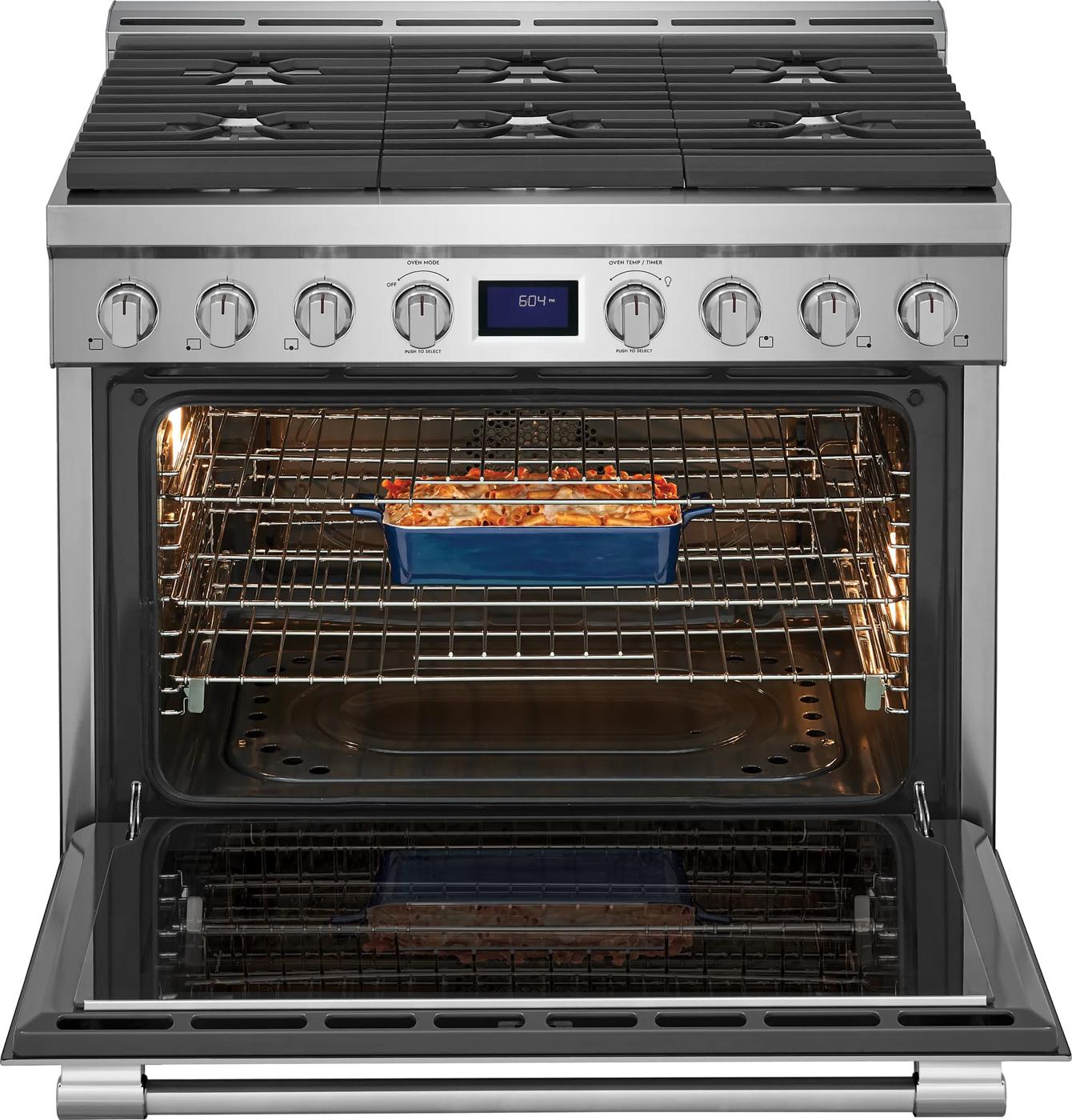 stainless steel six-burner front control gas range with open oven and dish baking inside for home improvement
