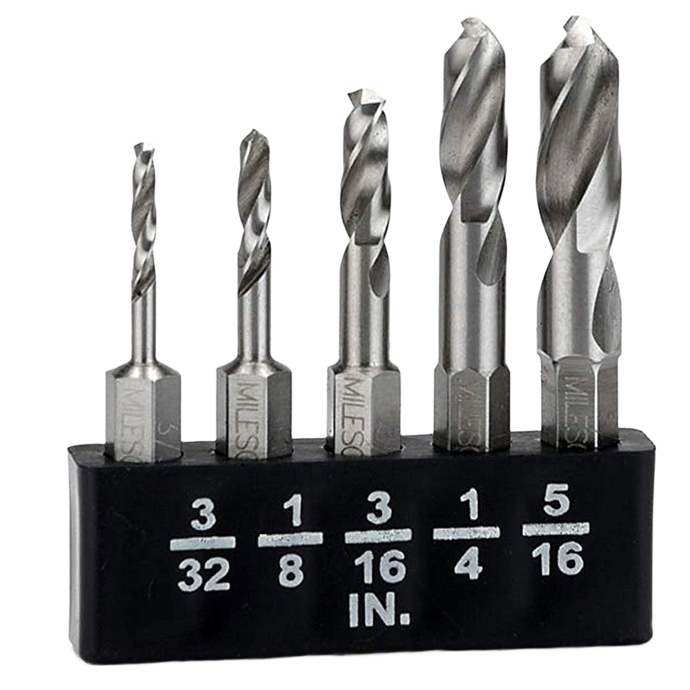 Set of five stubby wood drill bits in metal finish with size markings in a black holder for tool accessories and drill bits collections