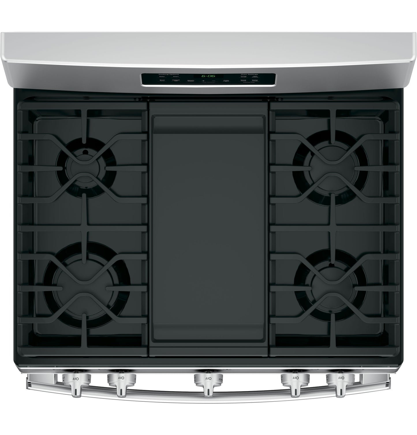 Top view of stainless steel gas cooktop with five burners and digital control panel in Ranges & Cooktops collection