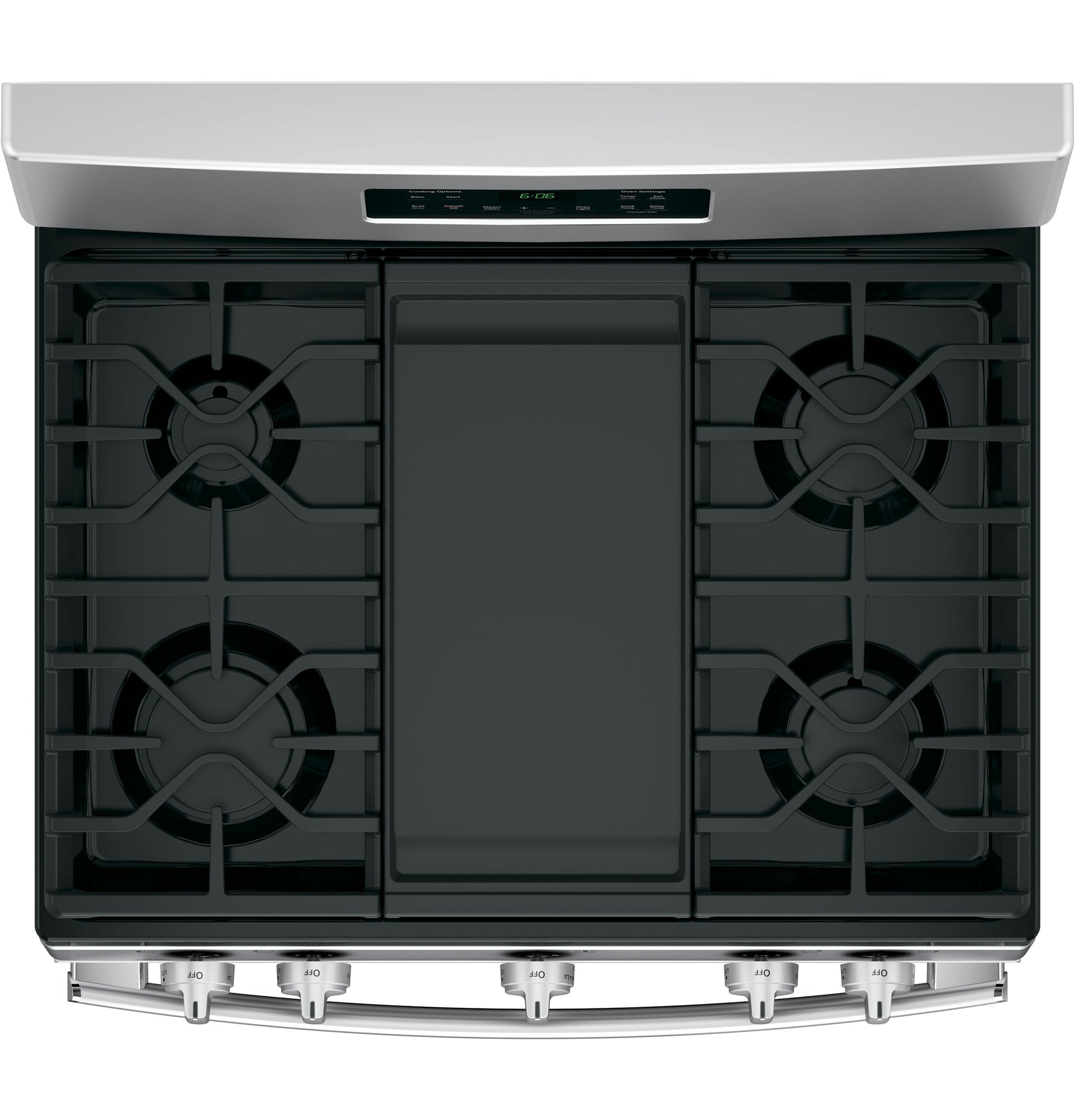 Top view of stainless steel gas cooktop with five burners and digital control panel in Ranges & Cooktops collection