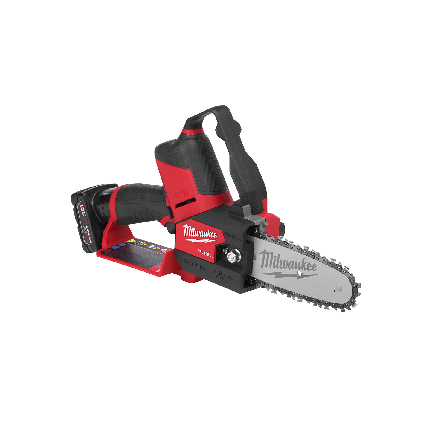 Compact cordless pruning saw with red and black body, ergonomic handle, and sharp 6-inch Milwaukee chain blade for home improvement tasks