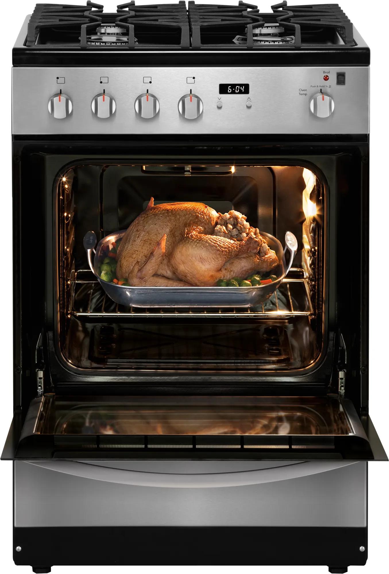 24-inch front control freestanding gas range with digital clock, continuous grates, and oven cooking a roasted turkey in Ranges collection