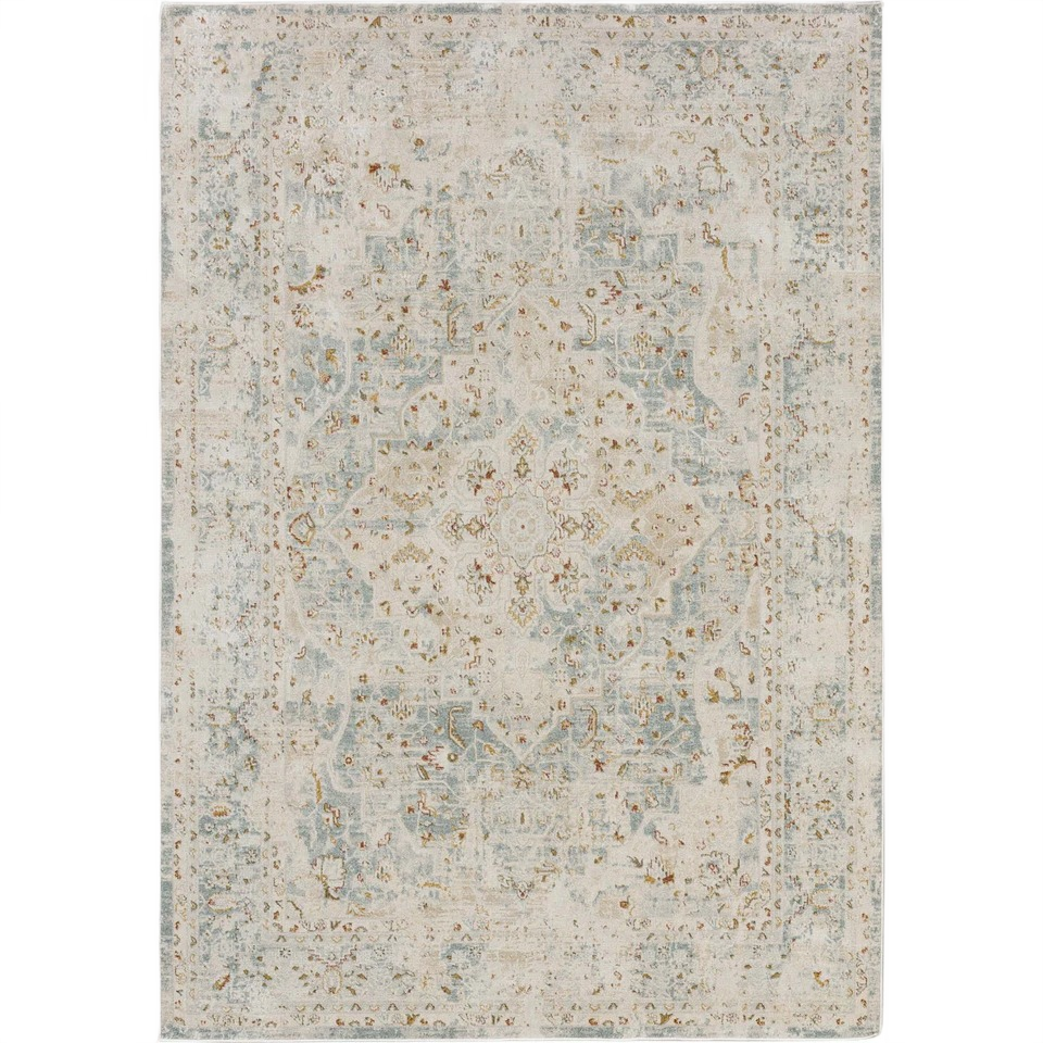 Traditional style area rug with intricate Ashbourne blue and neutral pattern for home decor and improvement use