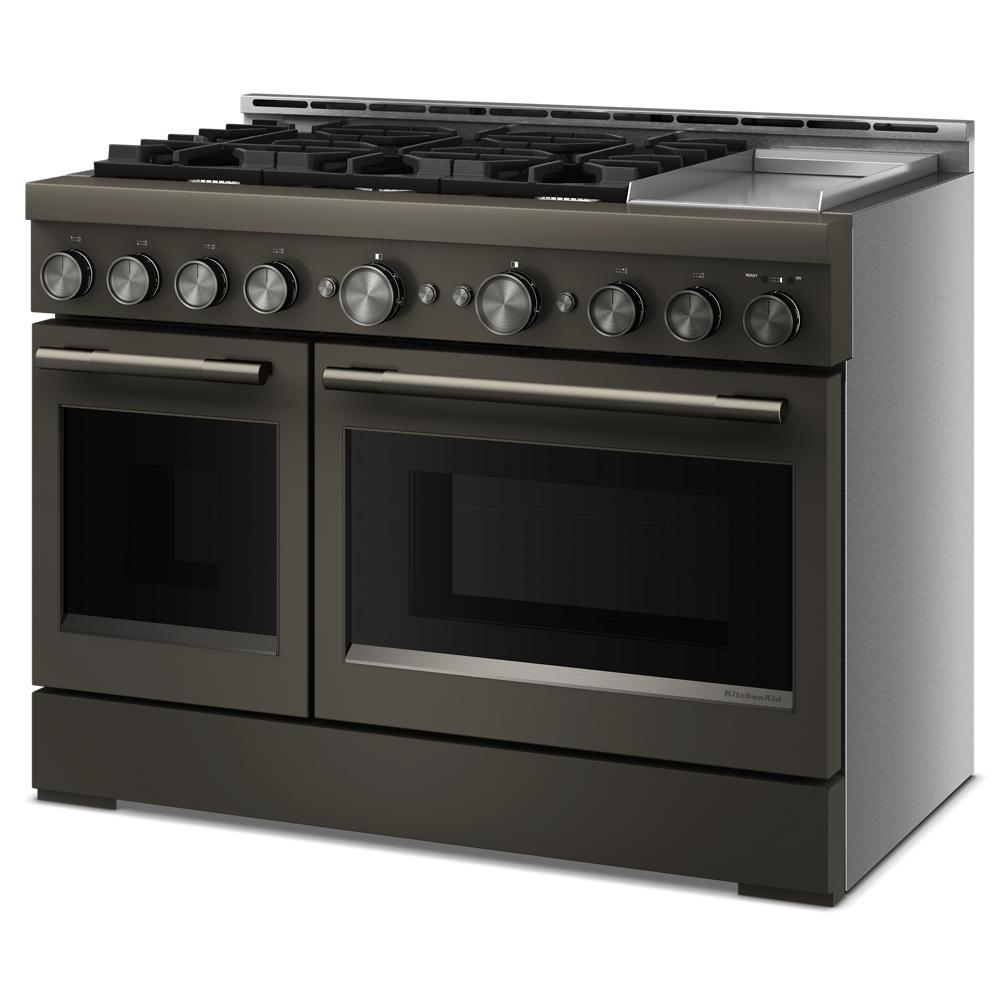 Black stainless steel 48-inch gas range with six burners, chrome electric griddle, dual ovens, and control knobs from KitchenAid Appliances collection