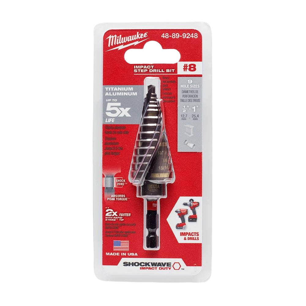 Milwaukee titanium step drill bit in protective packaging for versatile drilling in tools and home improvement collections