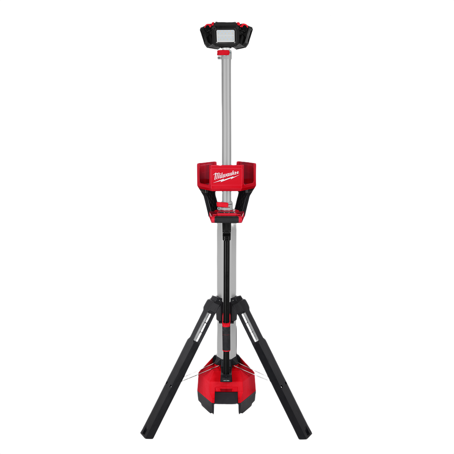 Red and black tower work light with adjustable tripod stand for Milwaukee utility lights and home improvement tools collections