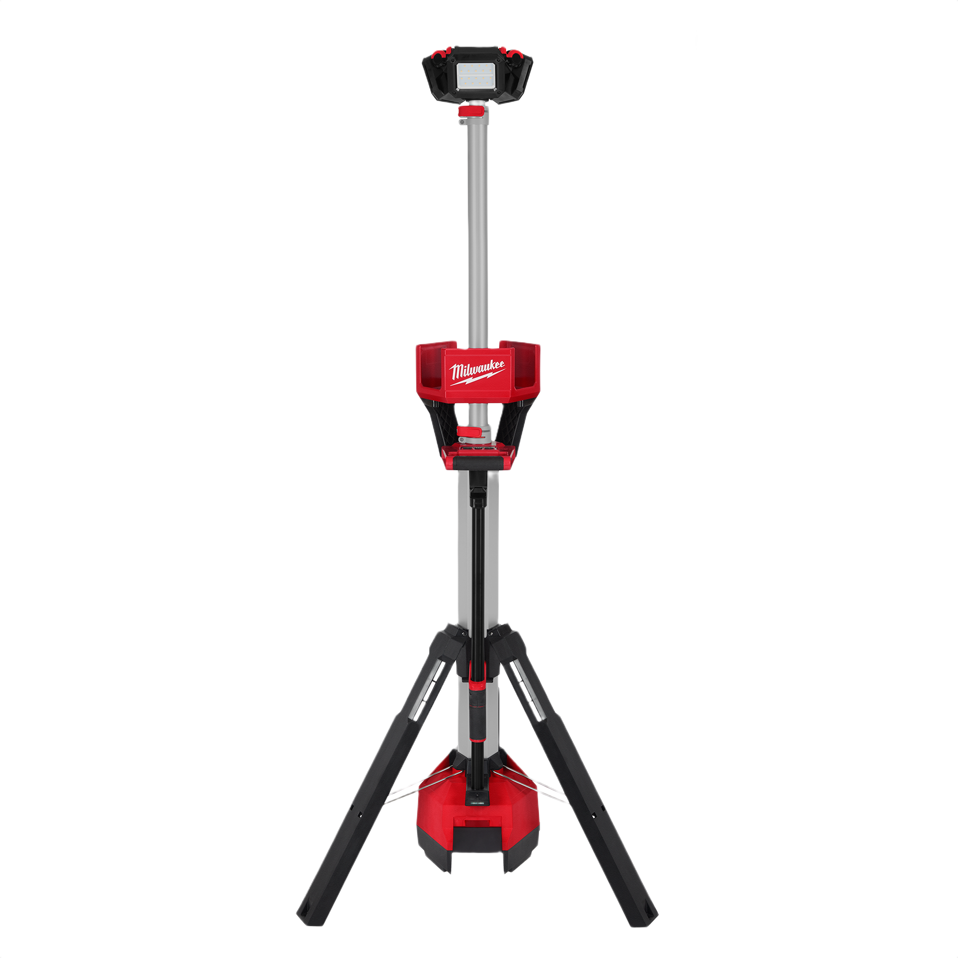 Red and black tower work light with adjustable tripod stand for Milwaukee utility lights and home improvement tools collections