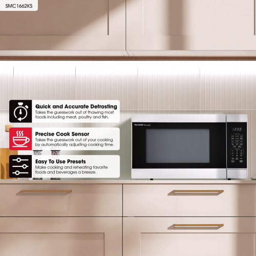 Stainless steel countertop microwave with digital control panel and preset cooking features in modern kitchen setting