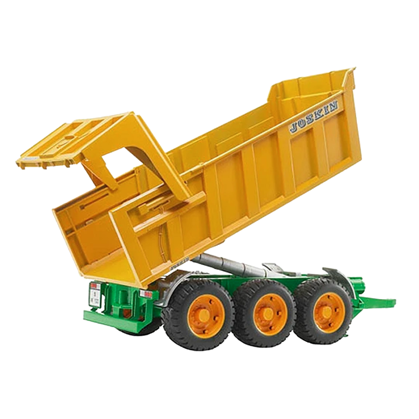 Yellow and green three-axle tipping trailer toy from Bruder Toys in Vehicles & Remote Controlled Toys collection under $100