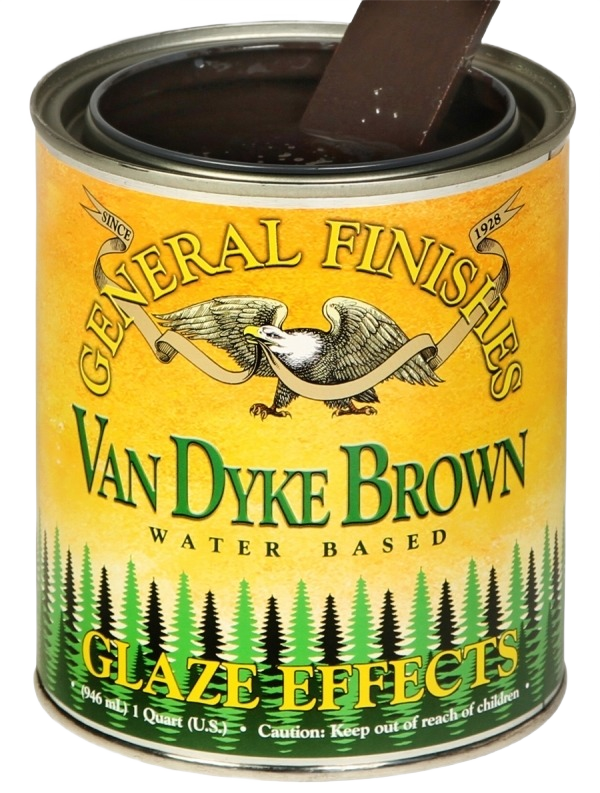 Open can of Van Dyke Brown water-based glaze effects with wood finishing stain inside for home improvement projects