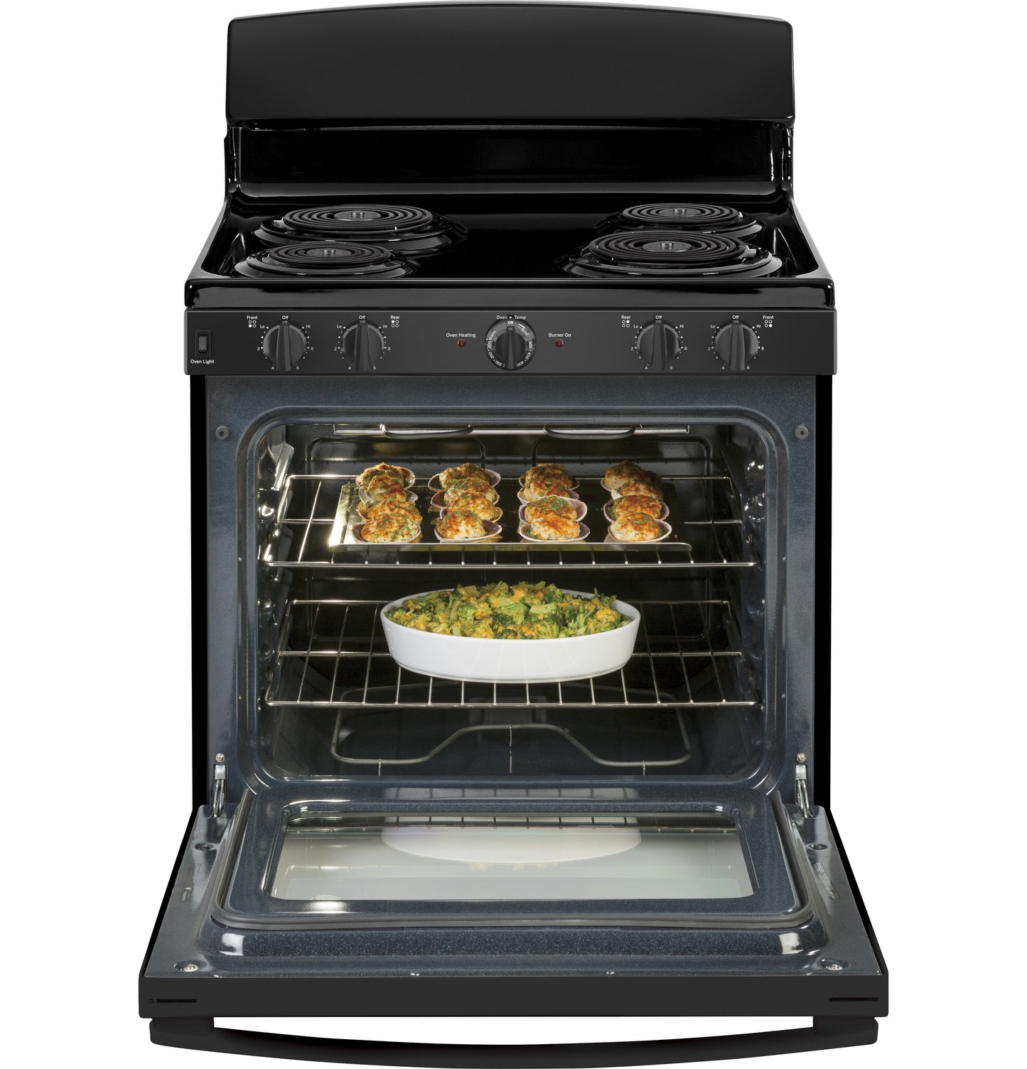 Black free-standing electric range with four coil burners and open oven door showing two racks with baked dishes inside