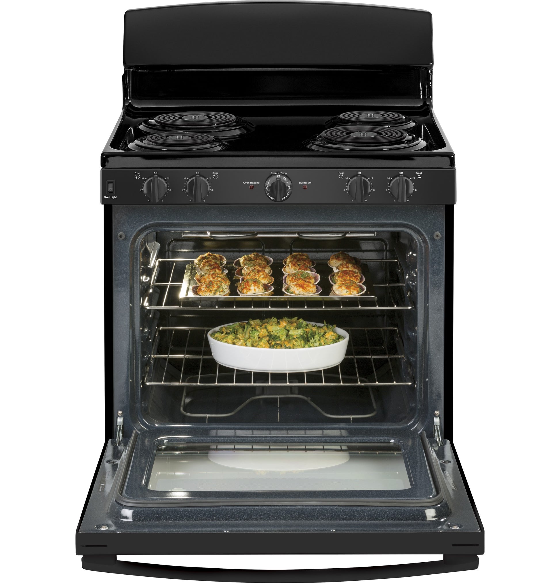 Black free-standing electric range with four coil burners and open oven door showing two racks with baked dishes inside