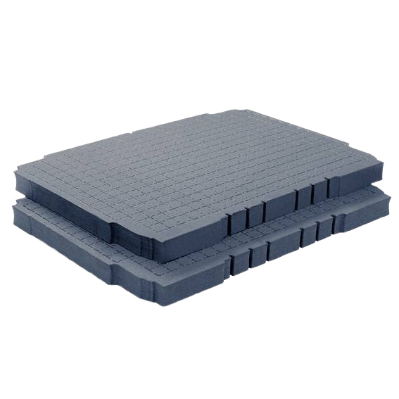 Two gray grid-patterned foam inserts designed for customizable tool storage in workshop organization collections