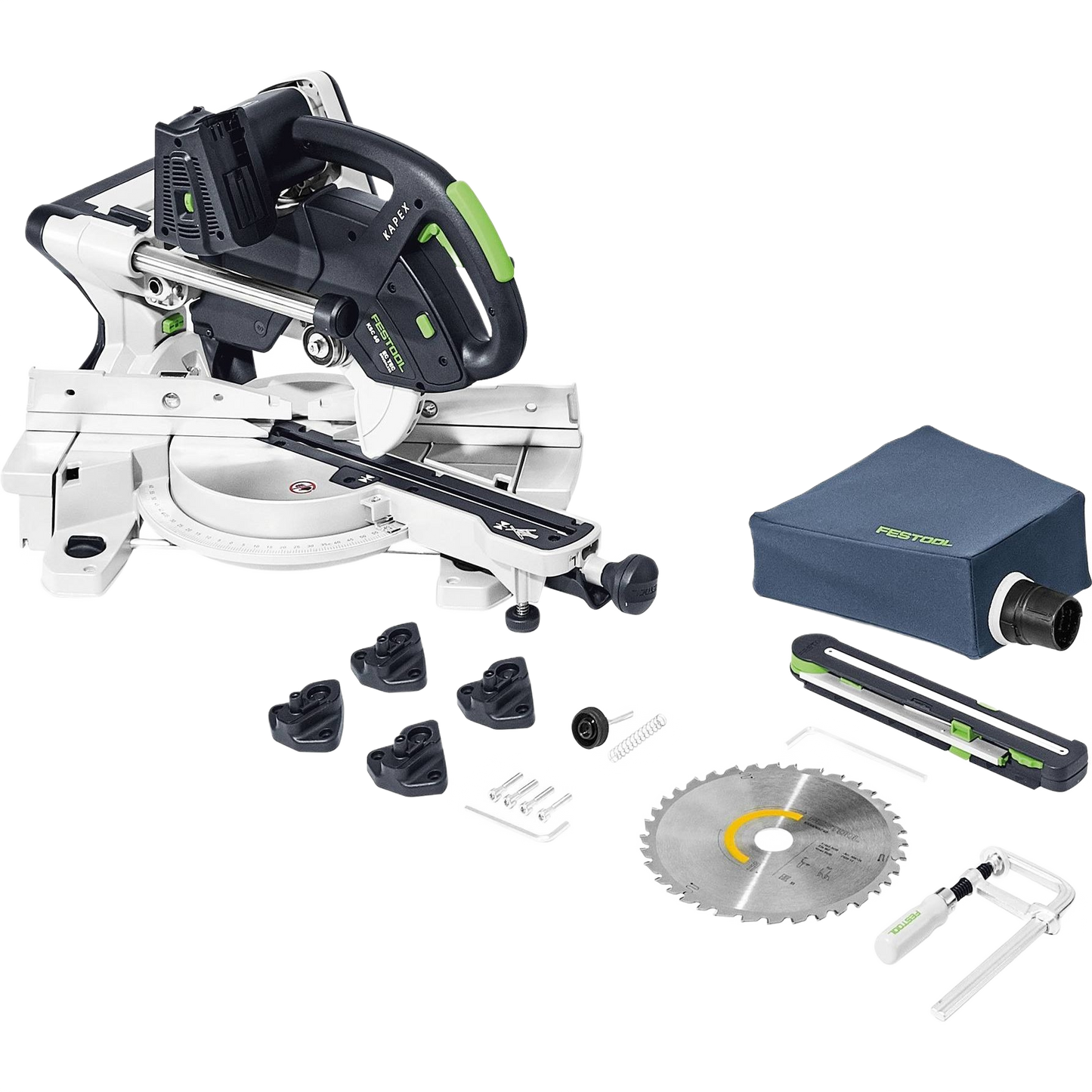 Cordless sliding compound miter saw with accessories including blade, dust bag, and guide rails for precise home improvement cuts