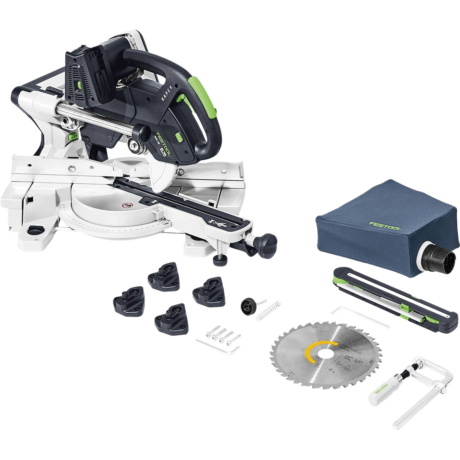 Cordless sliding compound miter saw with accessories including blade, dust bag, and guide rails for precise home improvement cuts