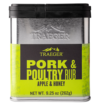 Square metal container of Traeger pork and poultry rub with apple and honey flavor for grilling and outdoor cooking