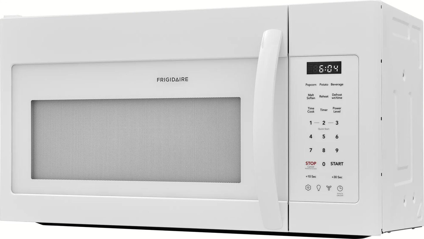 White over-the-range microwave with digital control panel and curved handle in kitchen appliances collection