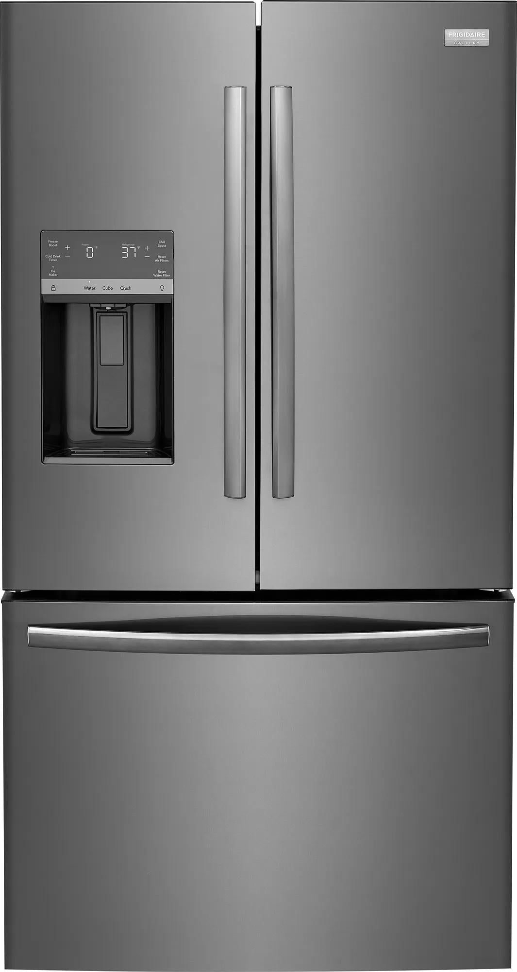 Standard-depth french door refrigerator in stainless steel with external water and ice dispenser for kitchen appliances collection