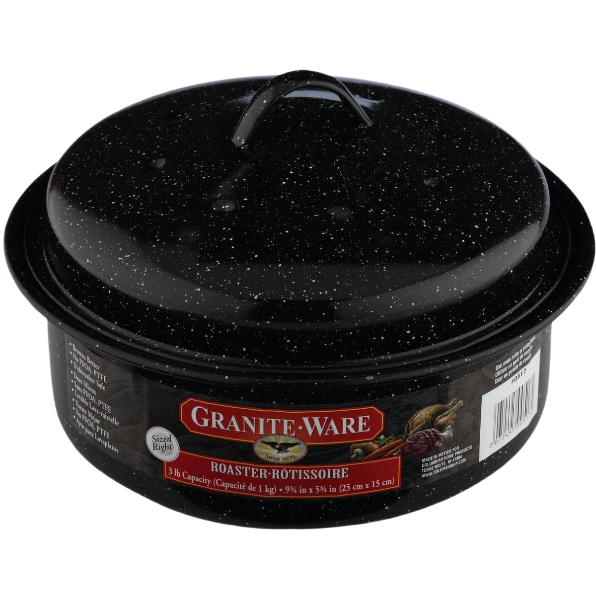 Black round covered roaster with durable porcelain enamel finish for kitchenware and cooking essentials collections