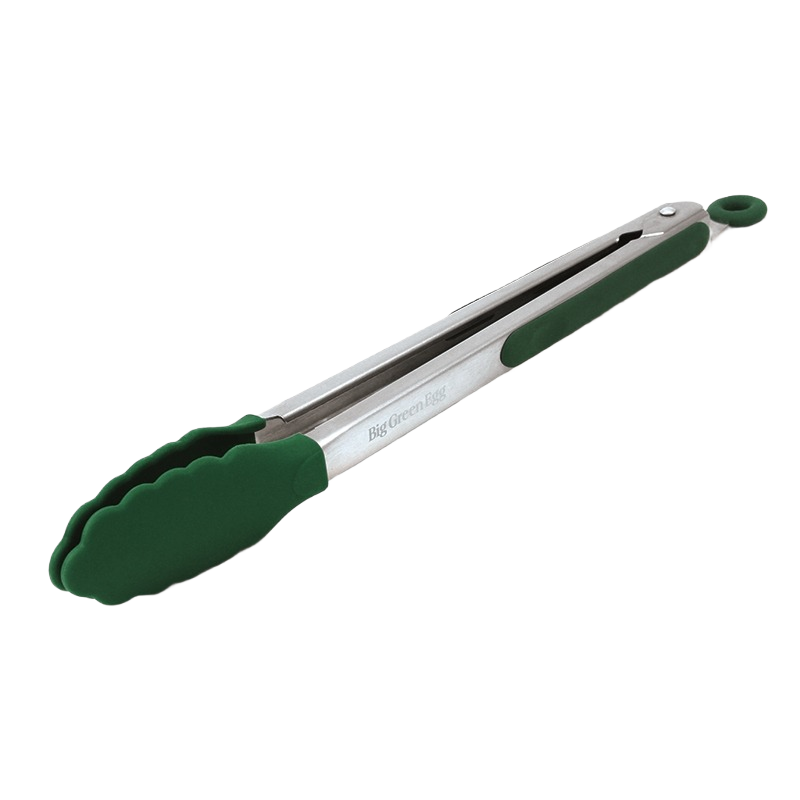 Stainless steel grill tongs with green silicone tips designed for grilling and outdoor cooking accessories