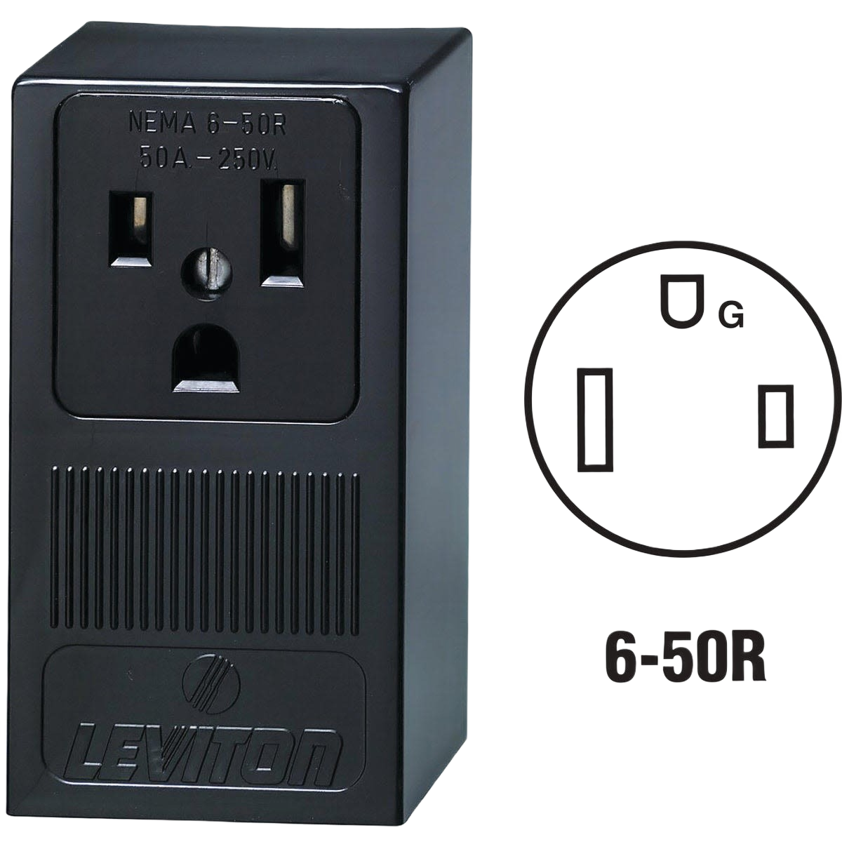Black surface mount power outlet with NEMA 6-50R configuration for electrical boxes and home improvement tools collections