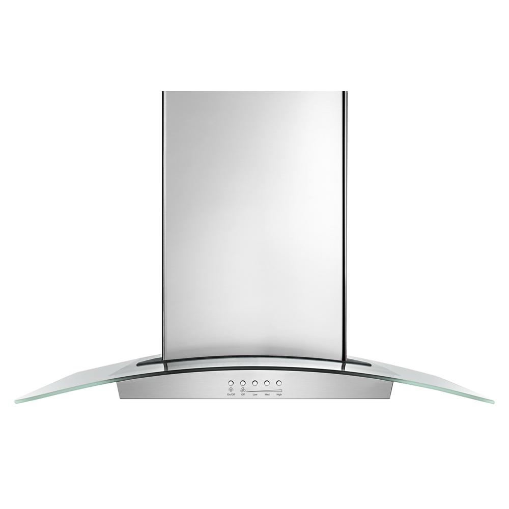 Wall-mounted range hood with curved glass canopy and stainless steel body for kitchen ventilation and home improvement