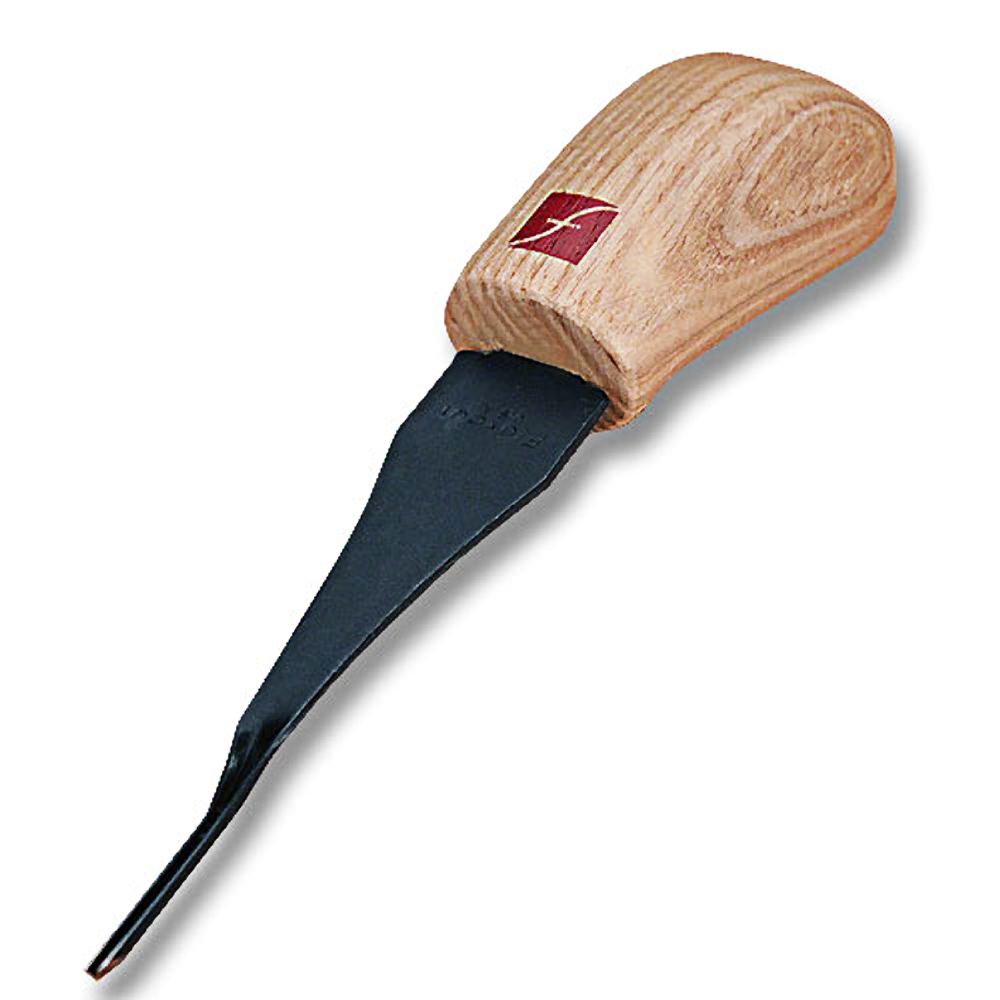 Wood carving tool with short wooden handle and angled black steel blade for detailed woodworking projects under $50