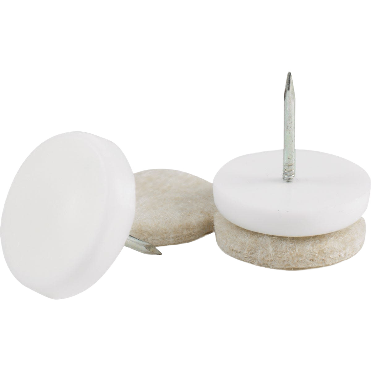 Set of white round nail-on furniture glides with felt pads for floor protection in hardware and furniture accessories collections